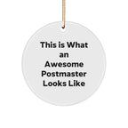 Funny Postmaster Gifts: Circle Ornament, This Is What An Awesome Postmaster Looks Like, White, Christmas, Gifts from Friends to Family