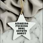 Funny Real Estate Agent Gifts Star Ornament for Christmas, 'Amazing F--king Real Estate Agent' Quote, Unique Star Shaped Decor for Home or Office