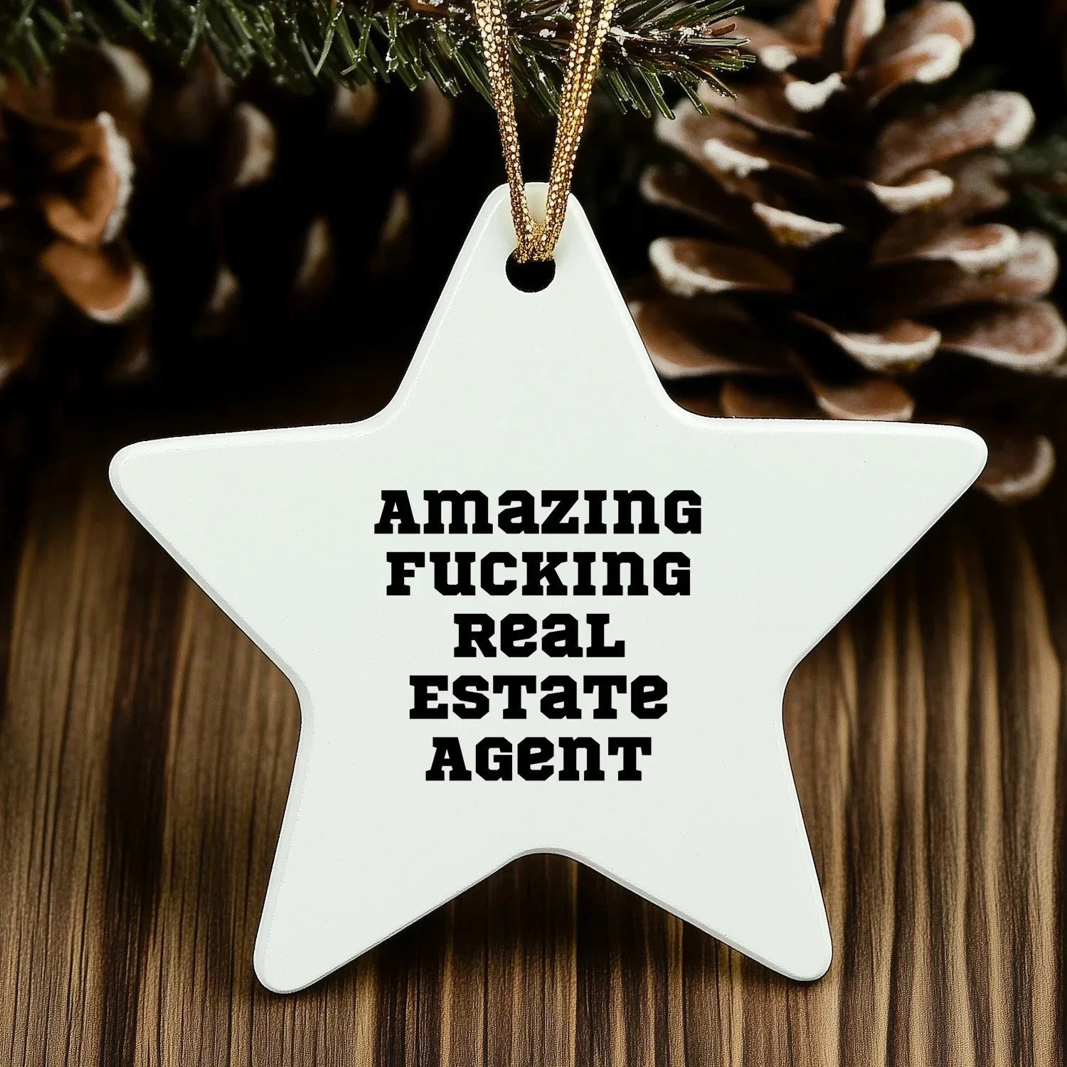 Funny Real Estate Agent Gifts Star Ornament for Christmas, 'Amazing F--king Real Estate Agent' Quote, Unique Star Shaped Decor for Home or Office