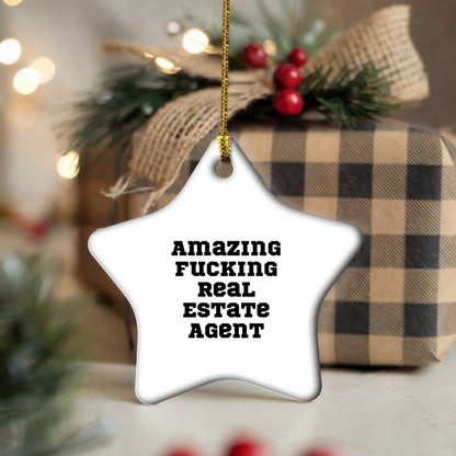 Funny Real Estate Agent Gifts Star Ornament for Christmas, 'Amazing F-king Real Estate Agent' Quote, Unique Star Shaped Decor for Home or Office