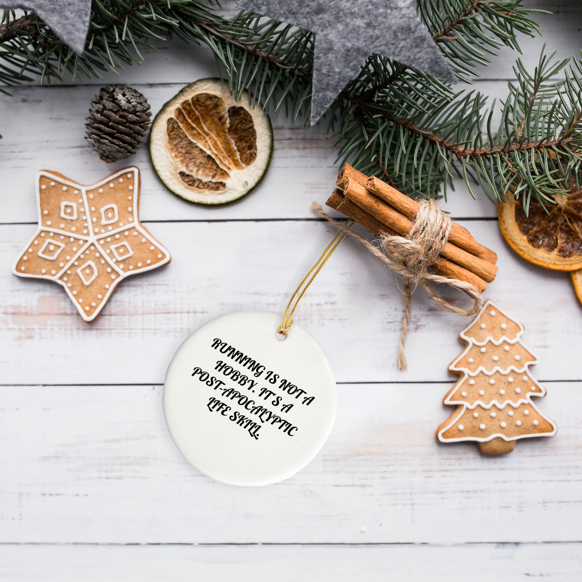 Funny Running Gifts for Friends, Running Circle Ornament, 'Running Is Not A Hobby. It's A Post-apocalyptic Life Skill.' Quote, Christmas Unique Gifts from Family, For Running Enthusiasts