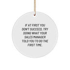 Funny Sales Manager Gifts from Friends, Christmas Circle Ornament with 'If At First You Don't Succeed, Try Doing What Your Sales Manager Told You To Do The First Time.' Quote, Gifts for Sales Manager
