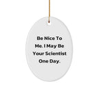 Funny Scientist Gifts, Be Nice To Me. I May Be Your Scientist One Day., Oval Ornament, Christmas Unique Gifts from Friends to Scientist