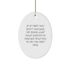 Funny Substitute Teacher Gifts for Men, Women, Friends, or Coworkers - Oval Ornament - If At First You Don't Succeed, Gifts from Family, Christmas Unique Gifts for Substitute Teacher