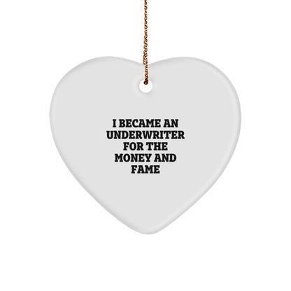 Funny Underwriter Gifts for Men - I Became An Underwriter For The Money And Fame, Heart Ornament for Christmas, Gifts from Friends, Gifts for Underwriter