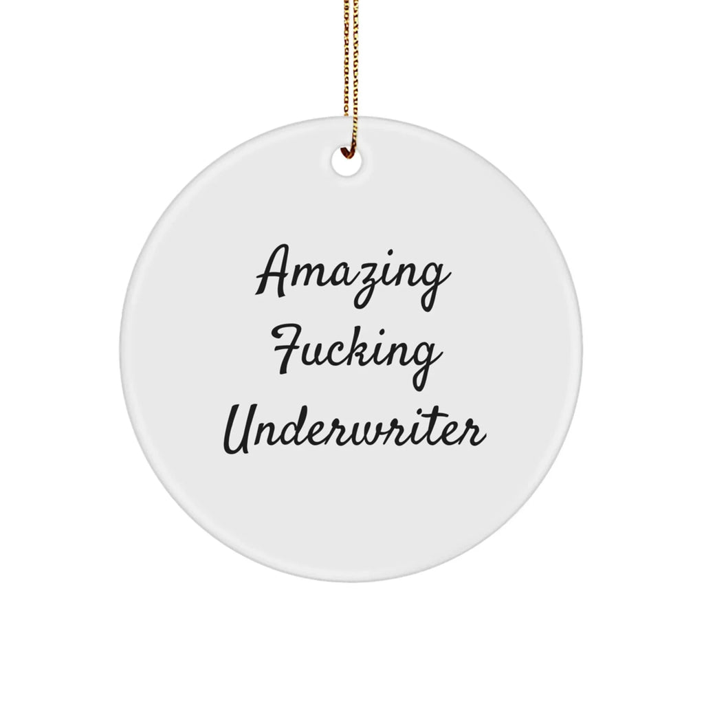 Funny Underwriter Gifts from Friends - 'Amazing F--king Underwriter' Circle Ornament, White, 2.75" Tall, Christmas Unique Gifts for Underwriter