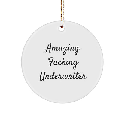 Funny Underwriter Gifts from Friends - 'Amazing F-king Underwriter' Circle Ornament, White, 2.75" Tall, Christmas Unique Gifts for Underwriter