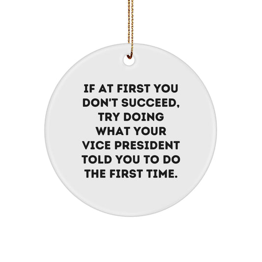 Funny Vice President Gifts from Friends for Christmas - Circle Ornament with Quote 'If At First You Don't Succeed, Try Doing What Your Vice President Told You To Do The First Time.'