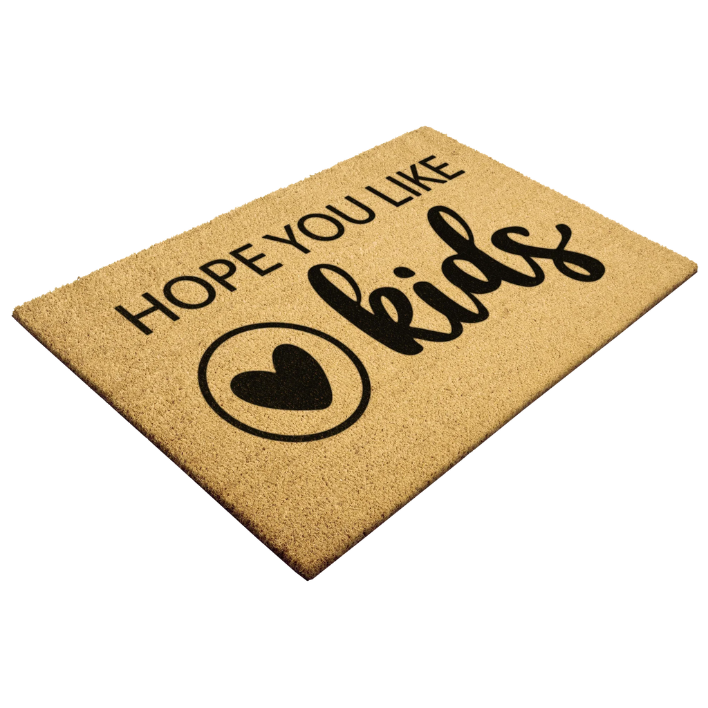Funny Family Doormat – “Hope You Like Kids” | Coir Welcome Mat with Heart Design | Family Home Entryway Décor | Perfect Gift for Parents