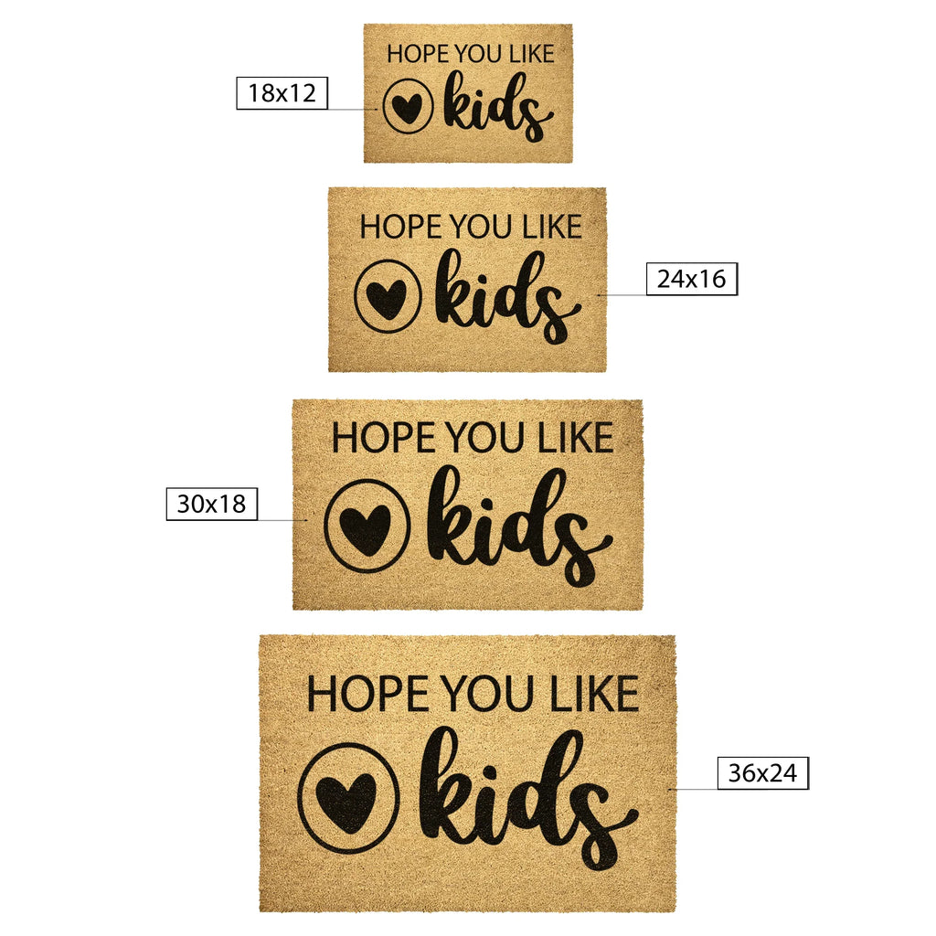 Funny Family Doormat – “Hope You Like Kids” | Coir Welcome Mat with Heart Design | Family Home Entryway Décor | Perfect Gift for Parents