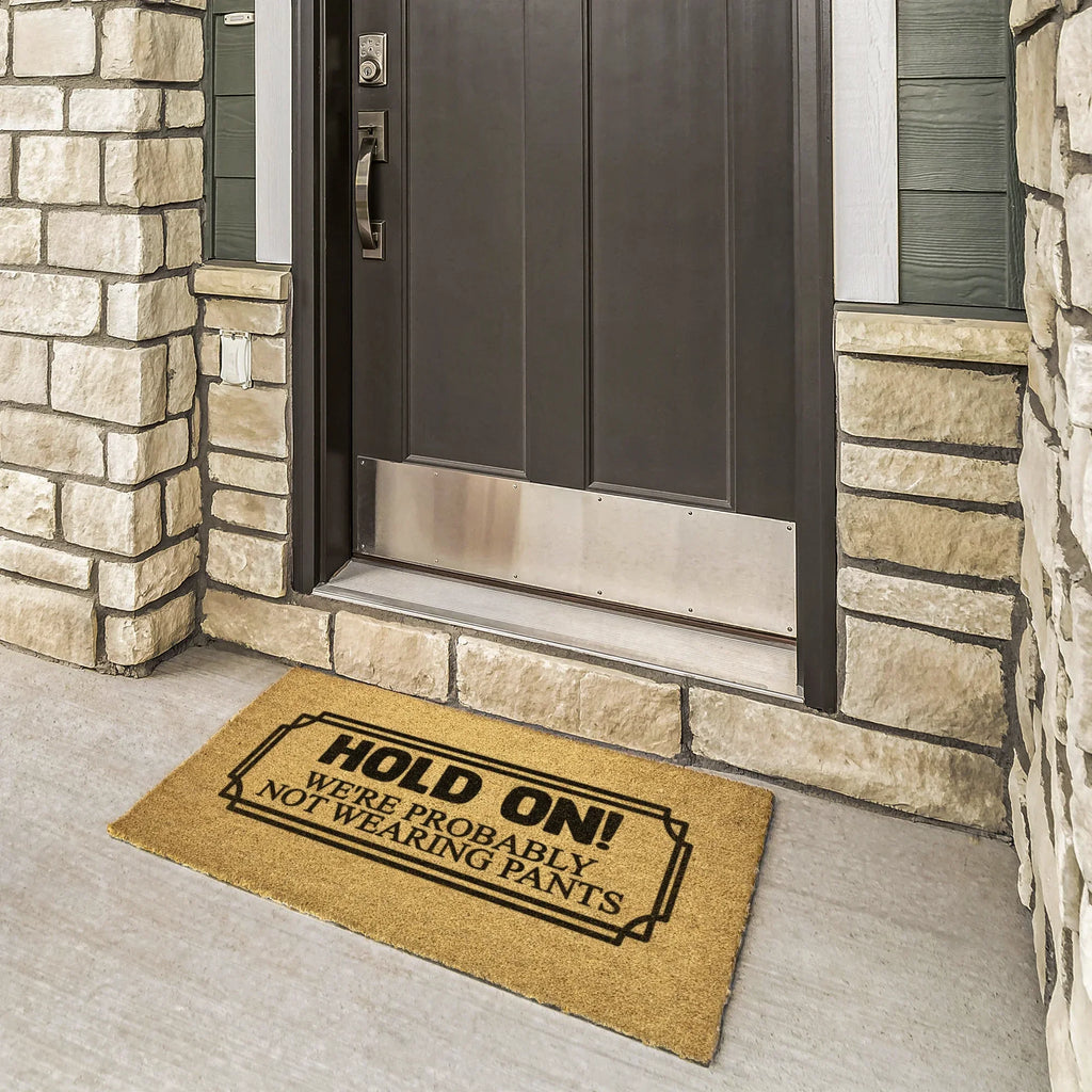 Funny “Hold On! We’re Probably Not Wearing Pants” Coir Doormat – Hilarious Welcome Mat | Humor Front Porch Decor | Gag Gift for Friends & Couples