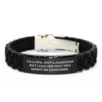 CPA Gifts for Men - Funny Quote Glide lock Clasp Bracelet, Adjustable Black Stainless Steel, Silicone & Silver, Father's Day Unique Gifts from Men to Friends
