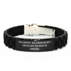 Funny Dentist Gifts for Men, Glide lock Clasp Black Stainless Steel Silicone Adjustable Graduation Gift from Friends, Inspirational Quote: 'I'm A Dentist. Not A Magician'