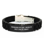 Manager's Funny Gift from Friends for Father's Day - Glide lock Clasp Black Stainless Steel and Silicone Adjustable Bracelet