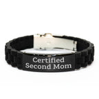 Funny Second Mom Gifts: Certified Second Mom Glide lock Clasp Bracelet for Men, Black Stainless Steel and Silicone, Adjustable, Premium Bag, Gifts from Family to Second Mom, Father's Day Unique Gifts