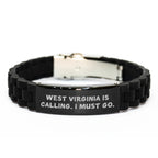 West Virginia Inspirational Gifts for Her, 'West Virginia Is Calling. I Must Go.' Glide lock Clasp Black Stainless Steel Adjustable Silicone Mother's Day Unique Gift from Family