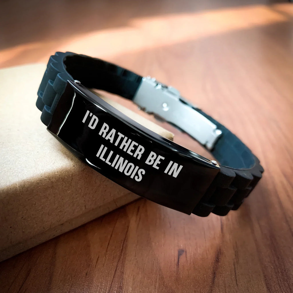 Funny Illinois Gifts for Men - 'I'd Rather Be In Illinois' Glide lock Clasp Bracelet, Adjustable Black Stainless Steel and Silicone, Premium Bag - Gifts from Illinois, Father's Day Unique