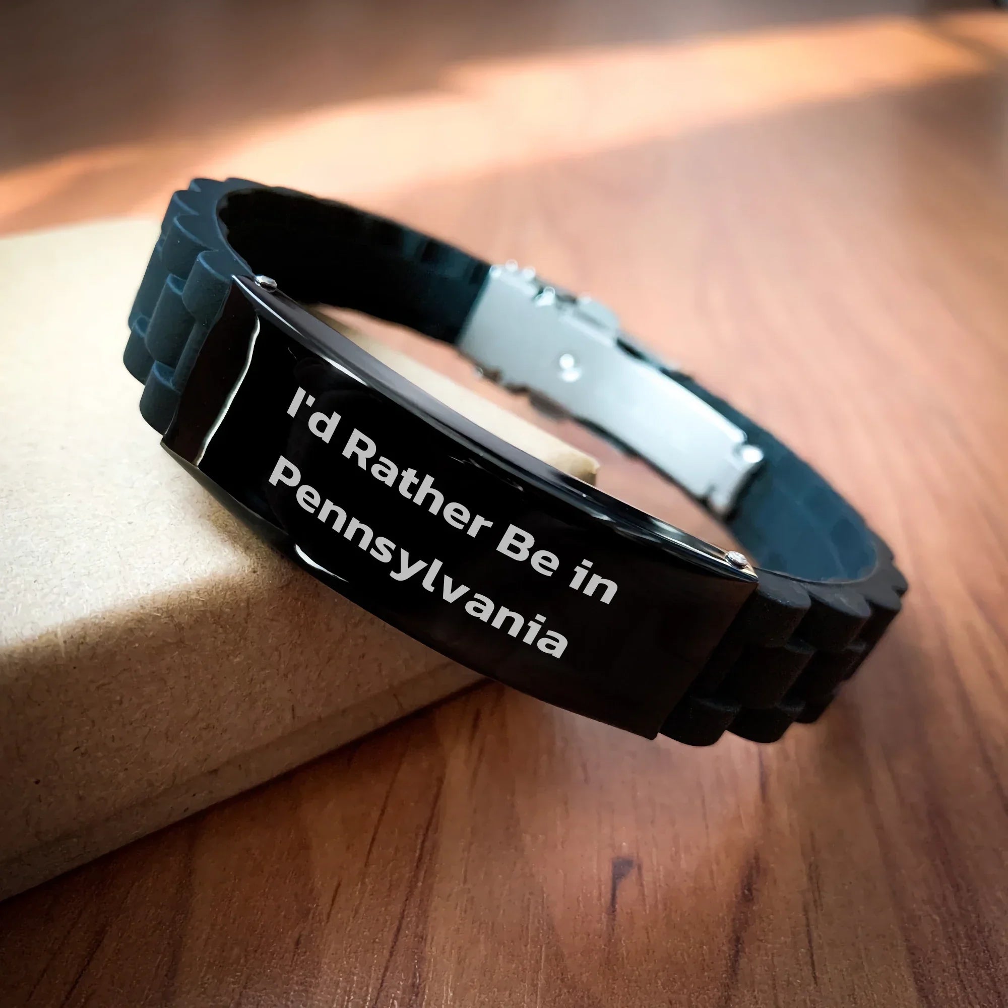 I'd Rather Be In Pennsylvania, Funny Quote Gift for Men from Pennsylvania, Adjustable Glide lock Clasp Black Stainless Steel Silicone Bracelet