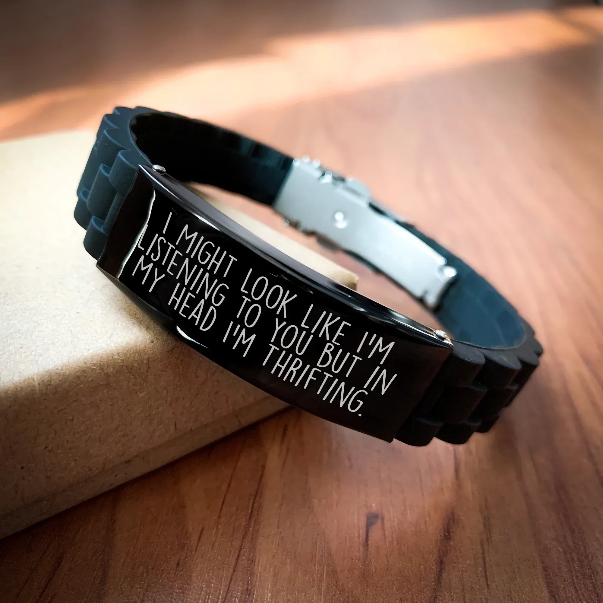 Funny Thrifting Gift for Men - 'I Might Look Like I'm Listening' Glide lock Clasp Adjustable Black Stainless Steel and Silicone Bracelet for Father's Day, Gifts from Friends and Family