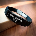 Senator Gifts, Best Senator Ever Glide lock Clasp Bracelet for Men, Funny Quote, Adjustable Black Stainless Steel, Silicone, Father's Day Unique Gifts from Family, Friends, Coworkers