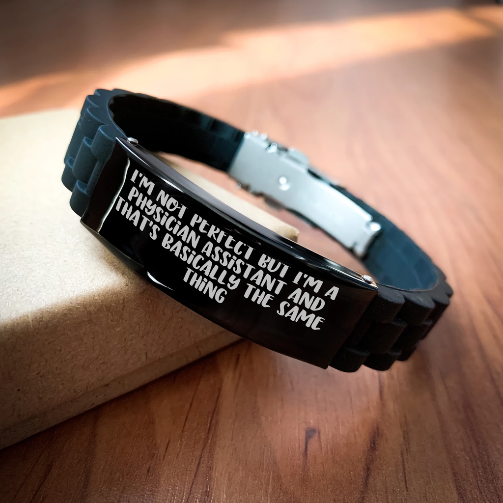 Physician Assistant Gifts, Funny Quote Inspired, Glide lock Clasp Black Stainless Steel Silicone Bracelet, Gifts from Men to Physician Assistant Dads on Father's Day