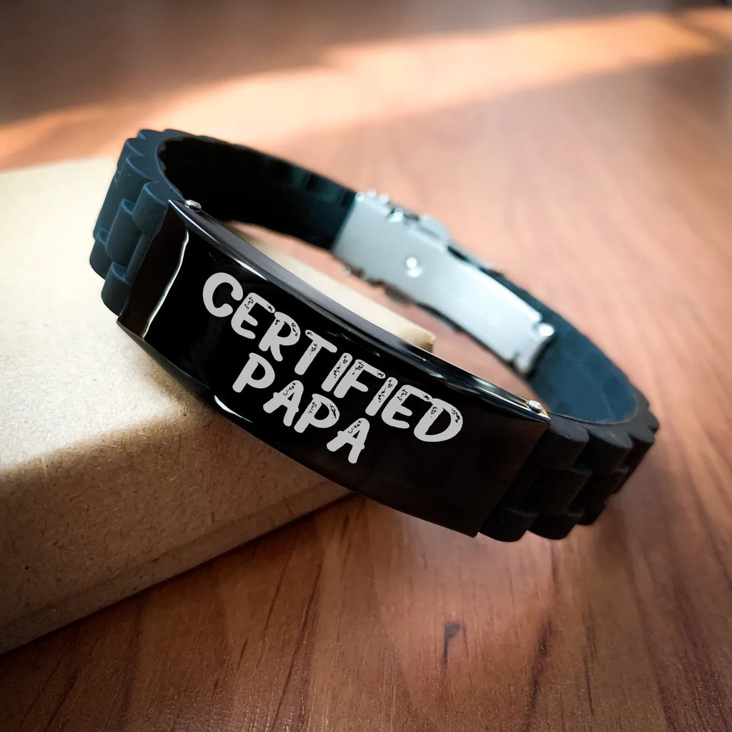 Certified Papa Gifts, Funny Quote Glide lock Clasp Black Stainless Steel Silicone Adjustable Father's Day Unique Gifts from Men to Papa