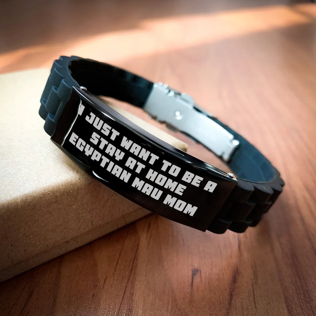 Funny Egyptian Mau Cat Mom's Gift for Him - Glide lock Clasp Black Stainless Steel Silicone Adjustable Bracelet from Men's Family Friends