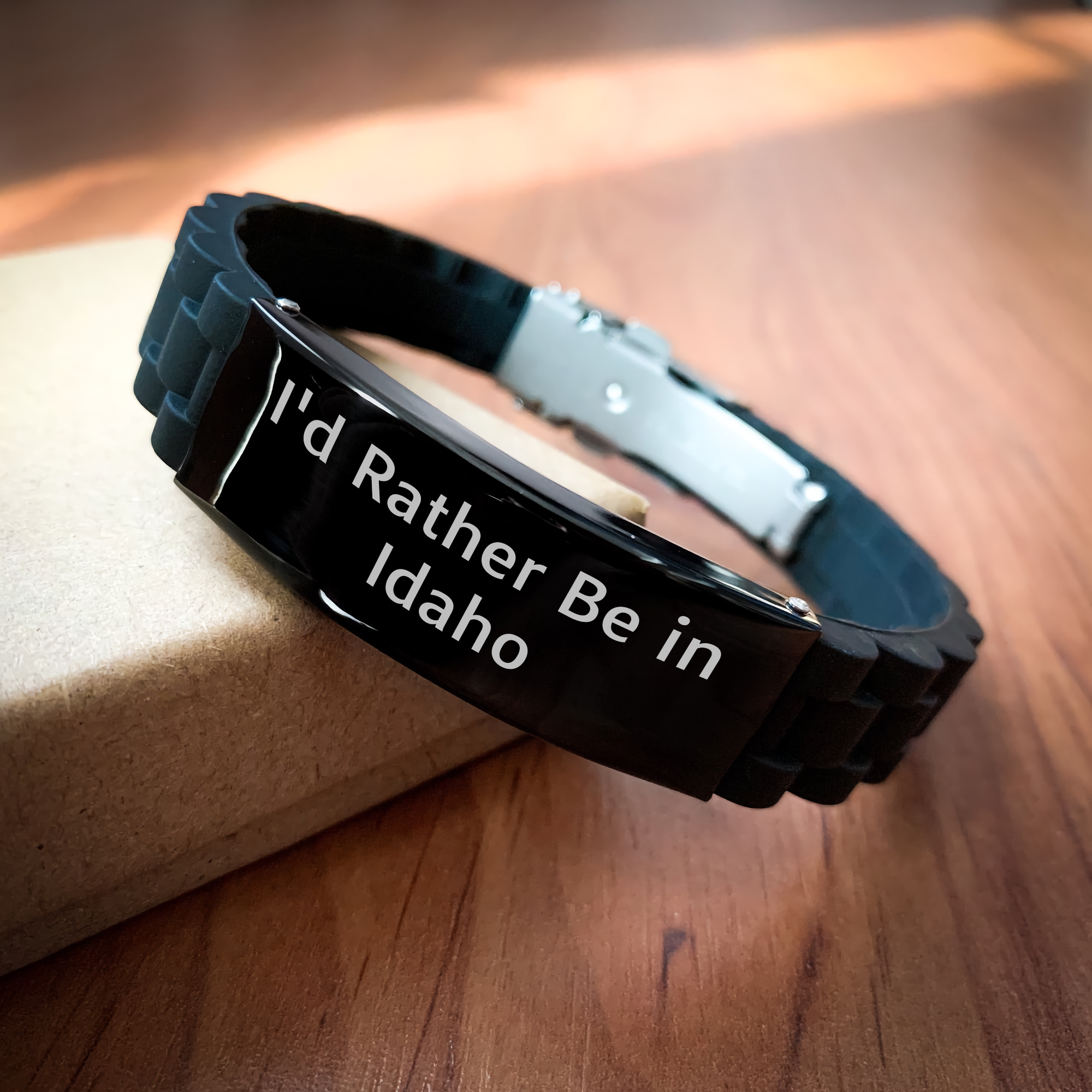 Idaho Gifts for Men - 'I'd Rather Be In Idaho' Glide lock Clasp Black Stainless Steel Silicone Adjustable Bracelet, Gifts from Family to Idaho Men, Perfect for Father's Day - Image 2