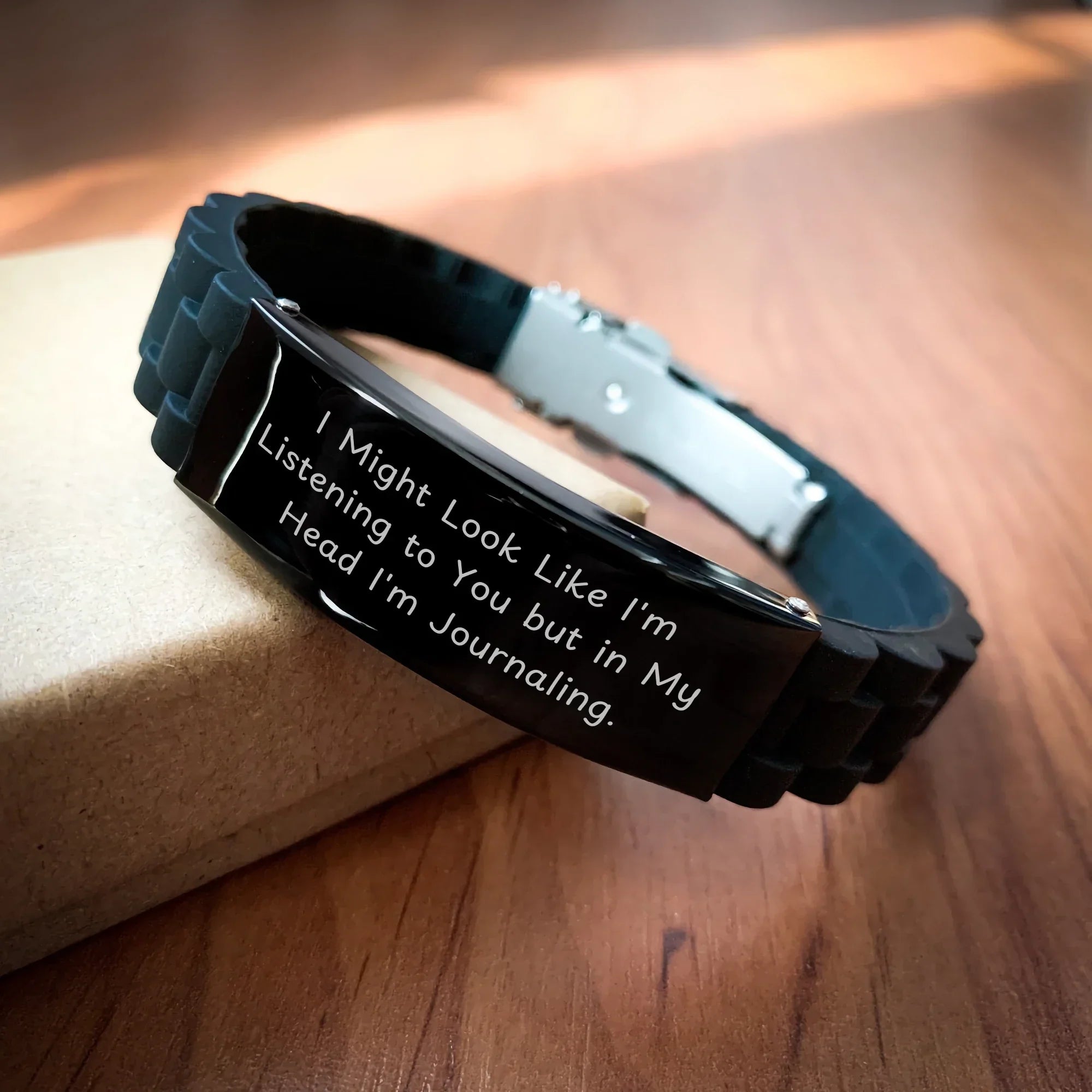 Funny Journaling Gifts for Men - I Might Look Like I'm Listening To You But In My Head I'm Journaling. - Glide lock Clasp Black Stainless Steel Silicone Gift from Men