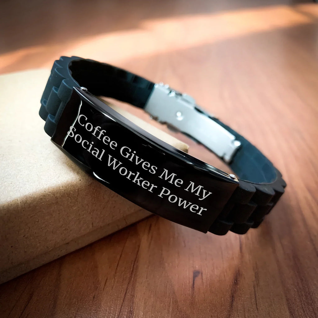 Social Worker Gifts from Friends - Glide lock Clasp Bracelet with Quote Coffee Gives Me My Social Worker Power, Adjustable Black Stainless Steel and Silicone, Graduation Unique Gifts