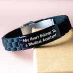 Medical Assistant Gifts from Friends - Funny Quote 'My Heart Belongs To A Medical Assistant' Glide lock Clasp Bracelet for Medical Assistant Graduation Unique Gifts