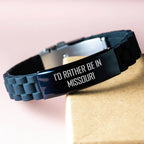 Funny Missouri Gifts for Men Dad I'd Rather Be In Missouri Glide lock Clasp Bracelet, Adjustable Silicone Black Stainless Steel Silver