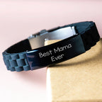 Funny Mama Gifts from Men - Best Mama Ever Glide lock Clasp Bracelet, Adjustable Black Stainless Steel and Silicone, Perfect for Father's Day