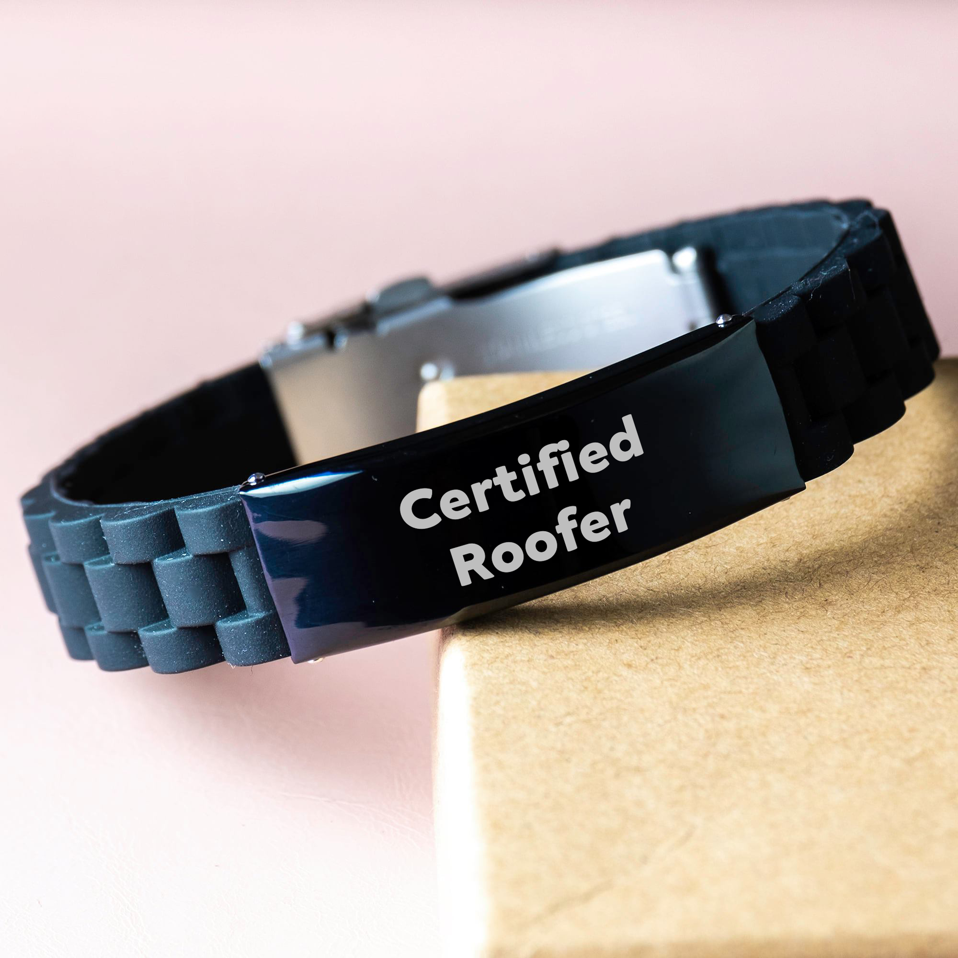 Funny Certified Roofer Gifts from Men to Friends on Father's Day - Glide lock Clasp Adjustable Black Stainless Steel Silicone Silver Men's Gift - Image 3