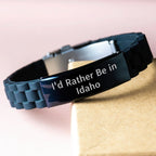 Idaho Gifts for Men - 'I'd Rather Be In Idaho' Glide lock Clasp Black Stainless Steel Silicone Adjustable Bracelet, Gifts from Family to Idaho Men, Perfect for Father's Day