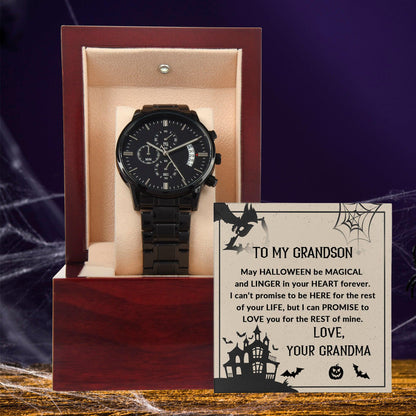 Grandson, May Halloween be Magical - Personalized Black Chronograph Watch - Mallard Moon Gift Shop