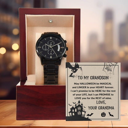 Grandson, May Halloween be Magical - Personalized Black Chronograph Watch - Mallard Moon Gift Shop