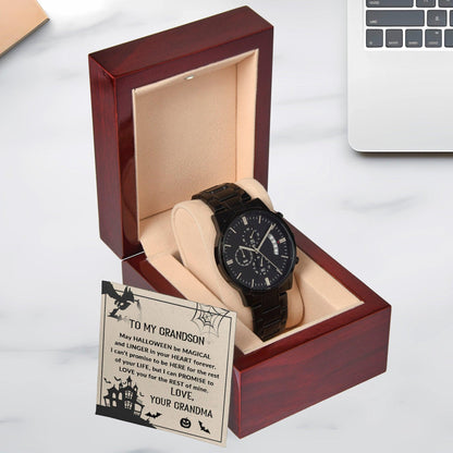 Grandson, May Halloween be Magical - Personalized Black Chronograph Watch - Mallard Moon Gift Shop