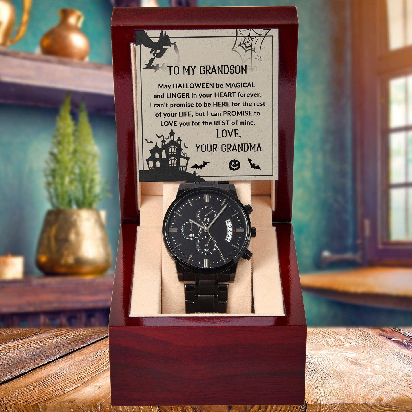 Grandson, May Halloween be Magical - Personalized Black Chronograph Watch - Mallard Moon Gift Shop