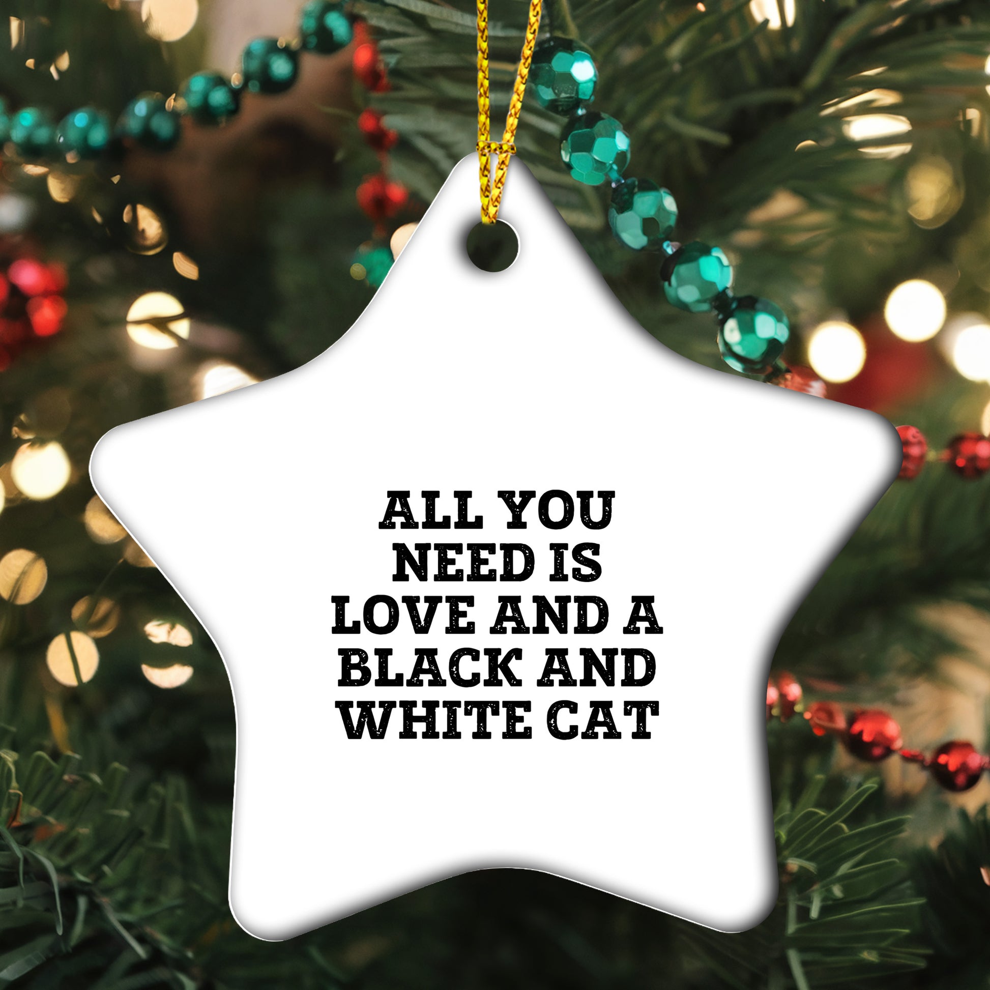 Gifts from Friends for Black and White Cat Lovers - Star Ornament with Quote: All You Need Is Love And A Black And White Cat, Christmas Unique Gifts
