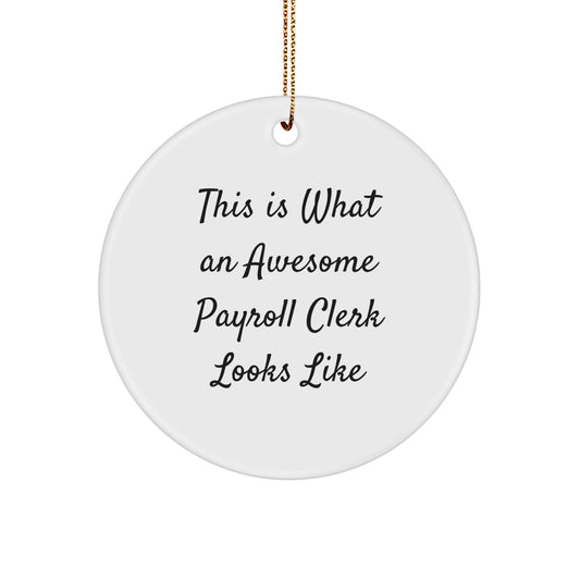 Gifts from Men for Awesome Payroll Clerks - Christmas Circle Ornament, Quote: 'This Is What An Awesome Payroll Clerk Looks Like', Funny, Cute, Inspirational - Image 1