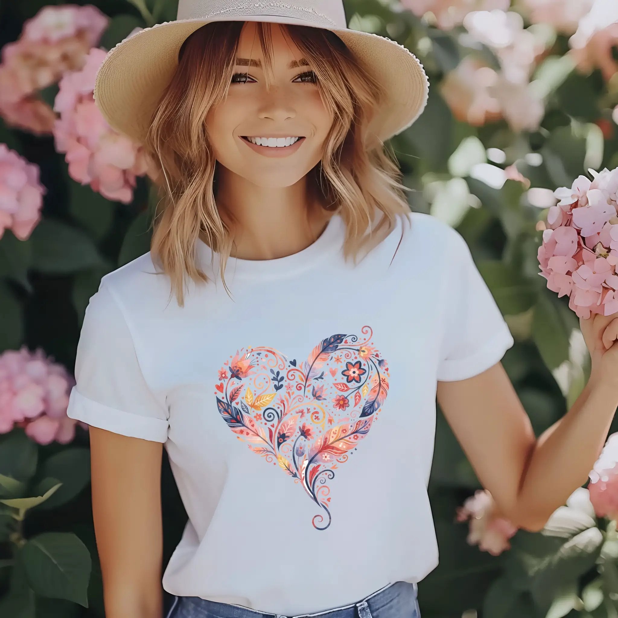 Floral Heart Graphic Tee — Boho Feather & Flower Design - Mallard Moon