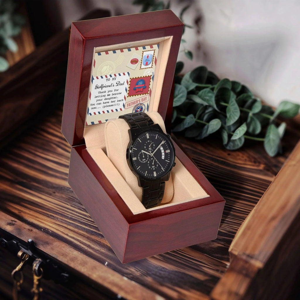 Funny Gift for Girlfriend’s Dad – “You Can Have Her Back Now” Message Card & Black Chronograph Watch – Hilarious Father’s Day or Birthday Gift for Her Dad