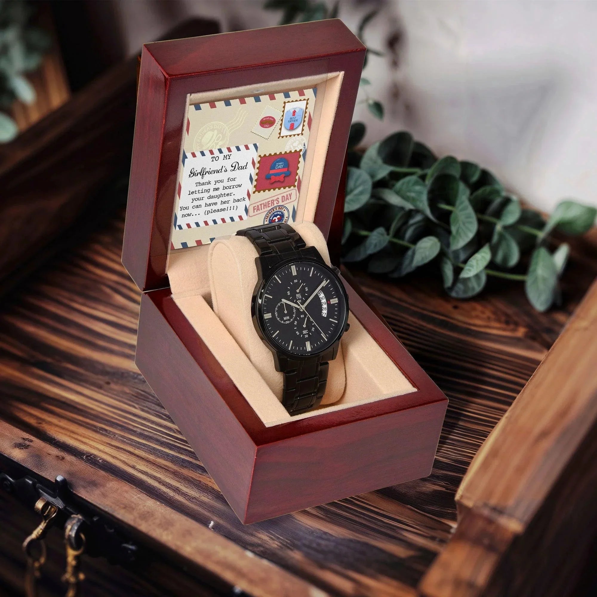 Funny Gift for Girlfriend’s Dad – “You Can Have Her Back Now” Message Card & Black Chronograph Watch – Hilarious Father’s Day or Birthday Gift for Her Dad