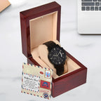 Funny Gift for Girlfriend’s Dad – “You Can Have Her Back Now” Message Card & Black Chronograph Watch – Hilarious Father’s Day or Birthday Gift for Her Dad