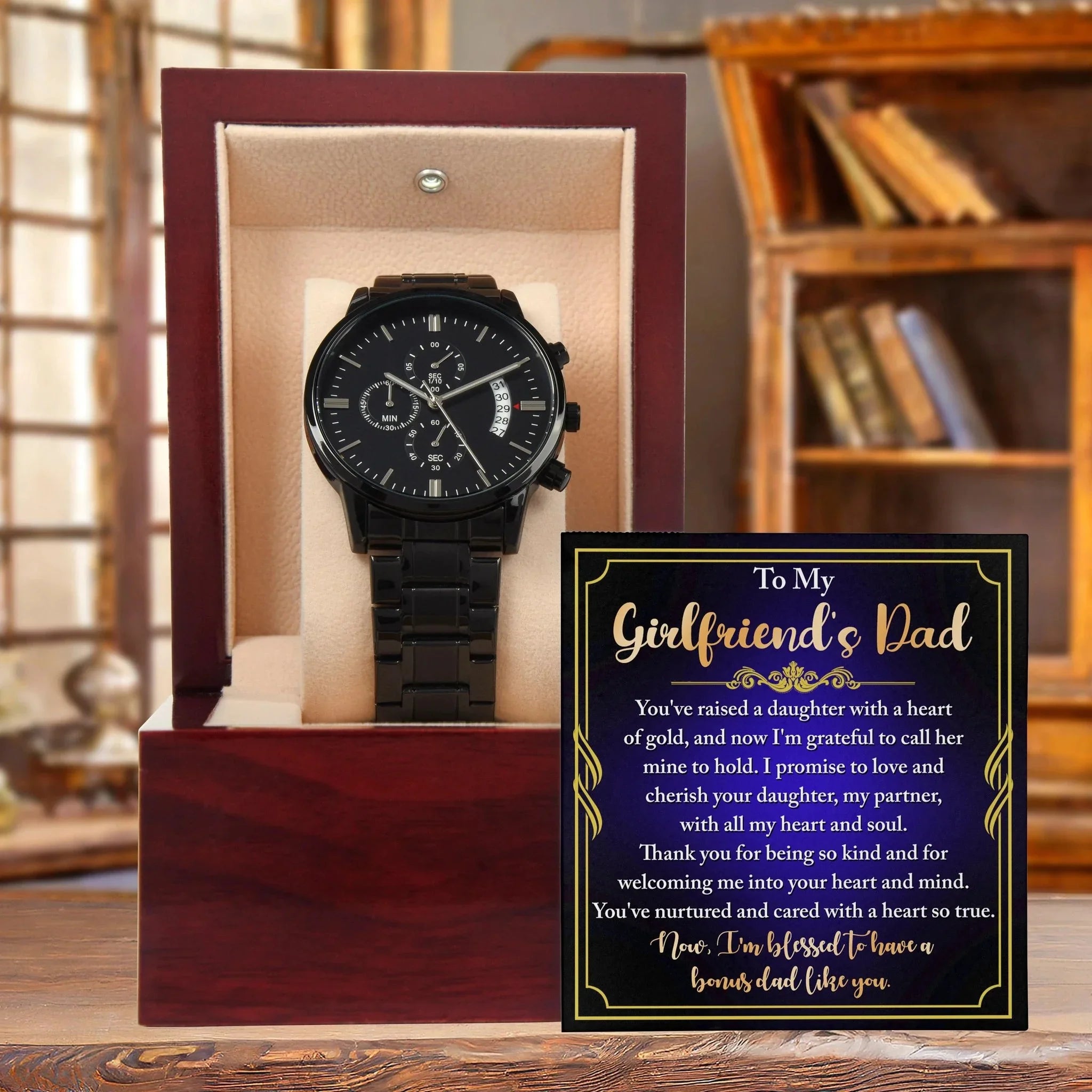 To My Girlfriend’s Dad – “Heart of Gold” Message Card & Black Chronograph Watch – Bonus Dad Gift for Father Figure, Birthday or Father’s Day