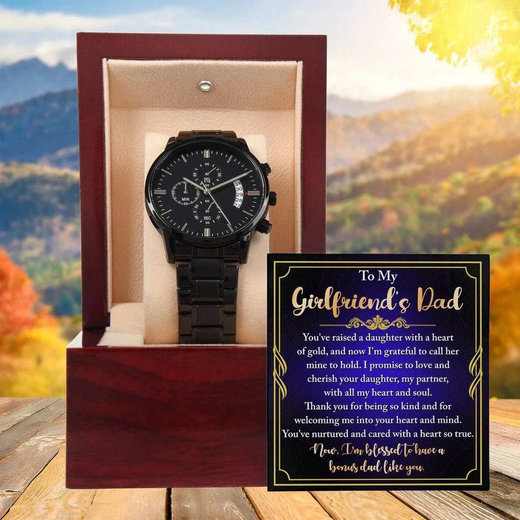 To My Girlfriend’s Dad – “Heart of Gold” Message Card & Black Chronograph Watch – Bonus Dad Gift for Father Figure, Birthday or Father’s Day
