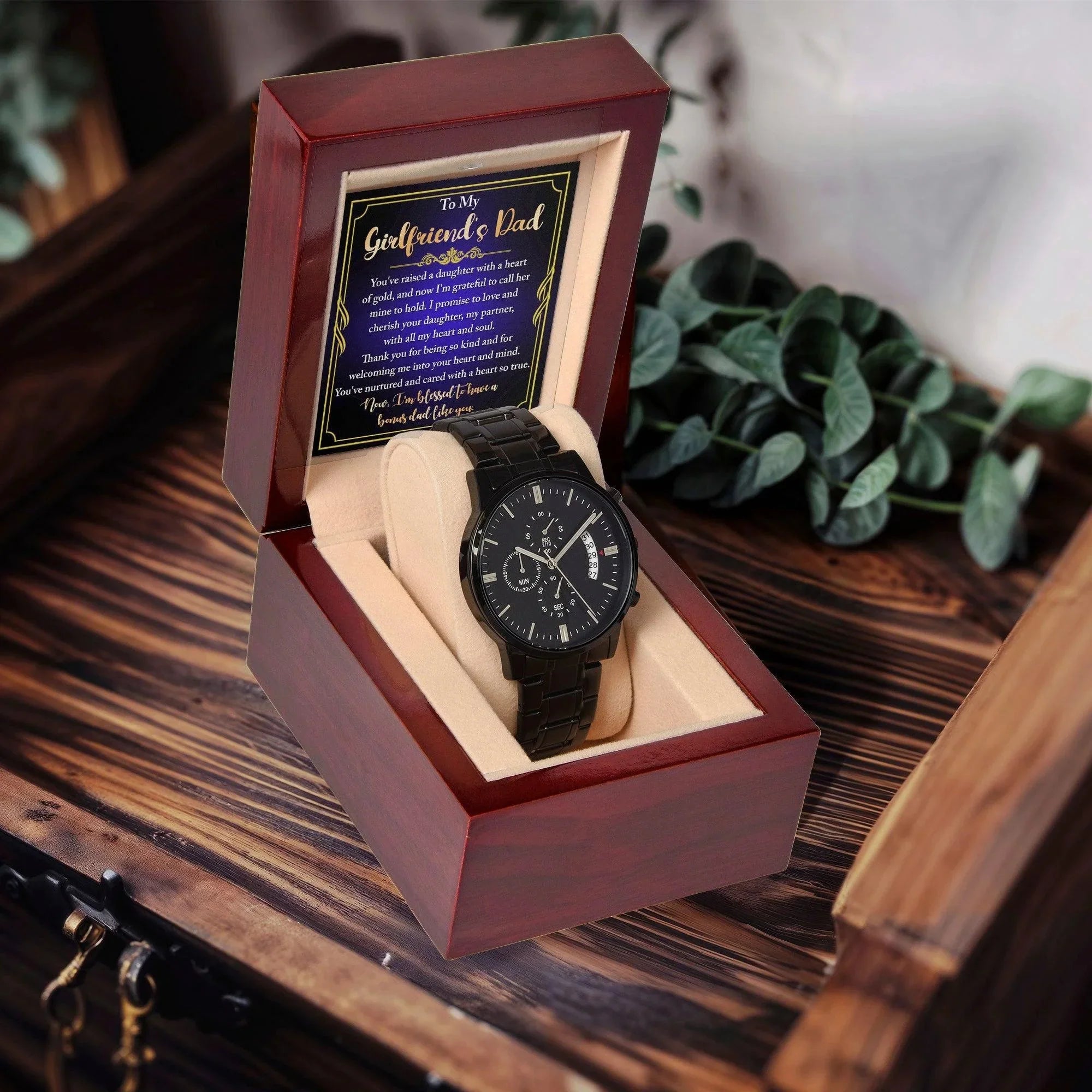 To My Girlfriend’s Dad – “Heart of Gold” Message Card & Black Chronograph Watch – Bonus Dad Gift for Father Figure, Birthday or Father’s Day