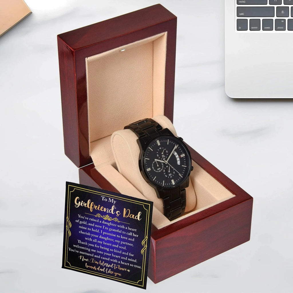 To My Girlfriend’s Dad – “Heart of Gold” Message Card & Black Chronograph Watch – Bonus Dad Gift for Father Figure, Birthday or Father’s Day