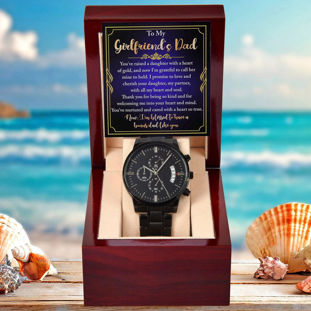 To My Girlfriend’s Dad – “Heart of Gold” Message Card & Black Chronograph Watch – Bonus Dad Gift for Father Figure, Birthday or Father’s Day